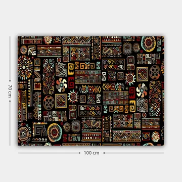 Lerretsbilde 70x100 cm - Abstrakt mønster med geometriske former og symboler i en fargerik komposisjon - Svart / Rød / Gul - Interiør - Maleri & posters - Lerretsbilder