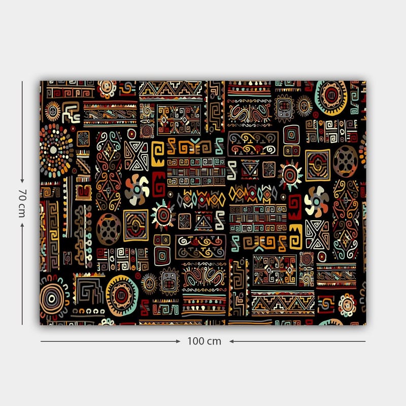 Lerretsbilde 70x100 cm - Abstrakt mønster med geometriske former og symboler i en fargerik komposisjon - Svart / Rød / Gul - Interiør - Maleri & posters - Lerretsbilder