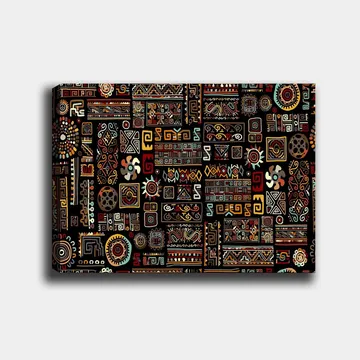 Lerretsbilde 70x100 cm - Abstrakt mønster med geometriske former og symboler i en fargerik komposisjon - Svart / Rød / Gul - Interiør - Maleri & posters - Lerretsbilder