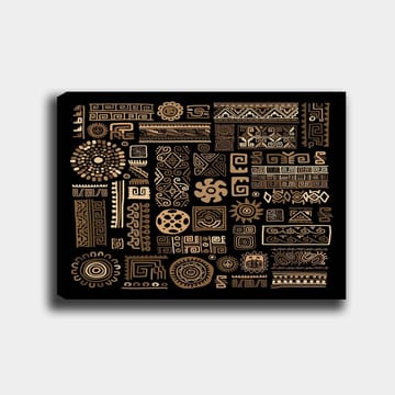 Lerretsbilde 70x100 cm - Abstrakt mønster med geometriske former og symboler i gull mot svart bakgrunn - Gull / Svart - Interiør - Maleri & posters - Lerretsbilder