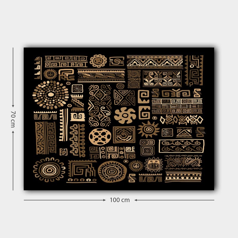 Lerretsbilde 70x100 cm - Abstrakt mønster med geometriske former og symboler i gull mot svart bakgrunn - Gull / Svart - Interiør - Maleri & posters - Lerretsbilder