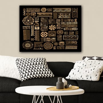 Lerretsbilde 70x100 cm - Abstrakt mønster med geometriske former og symboler i gull mot svart bakgrunn - Gull / Svart - Interiør - Maleri & posters - Lerretsbilder