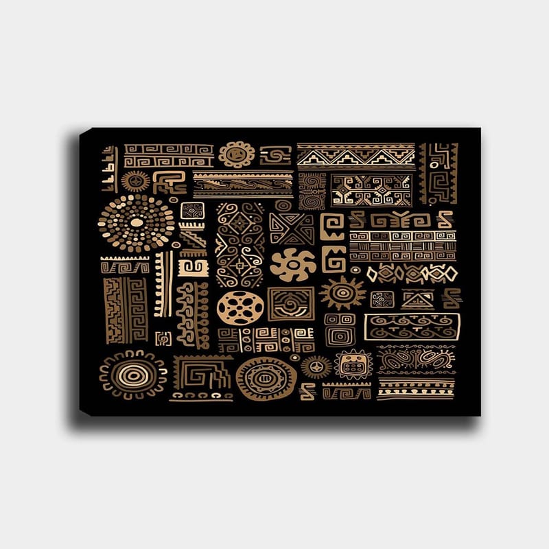 Lerretsbilde 70x100 cm - Abstrakt mønster med geometriske former og symboler i gull mot svart bakgrunn, Gull / Svart
