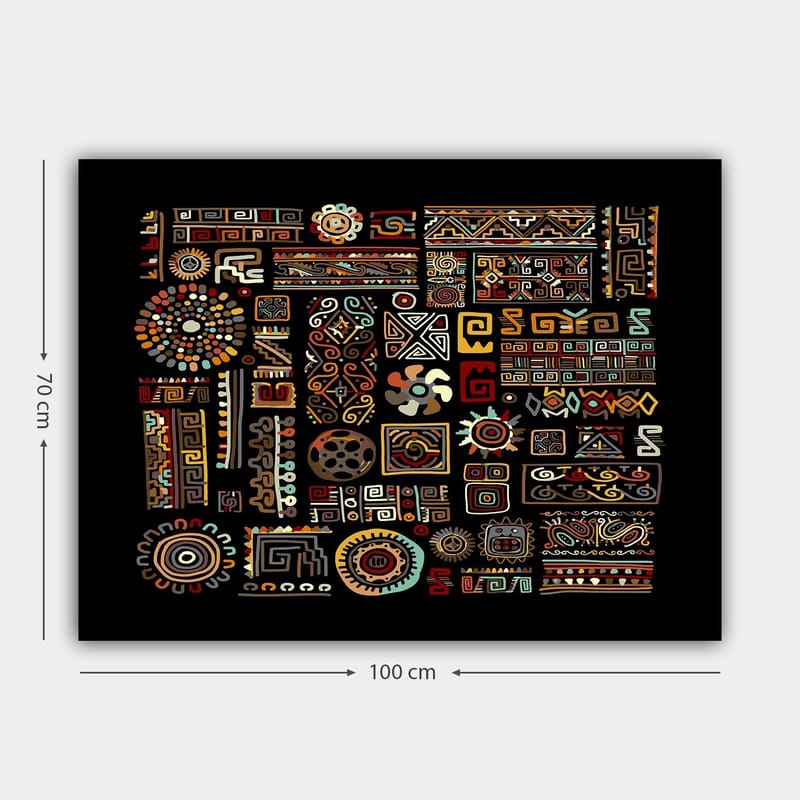 Lerretsbilde 70x100 cm - Abstrakt mønster med geometriske former og symboler i sterke farger - Rød / Gul / Svart - Interiør - Maleri & posters - Lerretsbilder