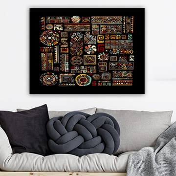 Lerretsbilde 70x100 cm - Abstrakt mønster med geometriske former og symboler i sterke farger - Rød / Gul / Svart - Interiør - Maleri & posters - Lerretsbilder