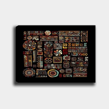 Lerretsbilde 70x100 cm - Abstrakt mønster med geometriske former og symboler i sterke farger - Rød / Gul / Svart - Interiør - Maleri & posters - Lerretsbilder