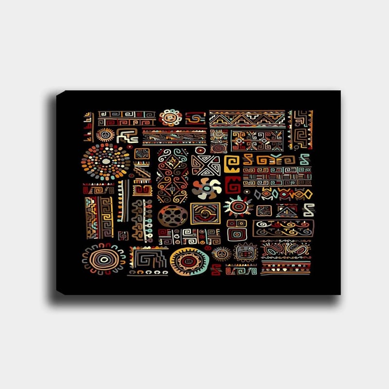 Lerretsbilde 70x100 cm - Abstrakt mønster med geometriske former og symboler i sterke farger - Rød / Gul / Svart - Interiør - Maleri & posters - Lerretsbilder