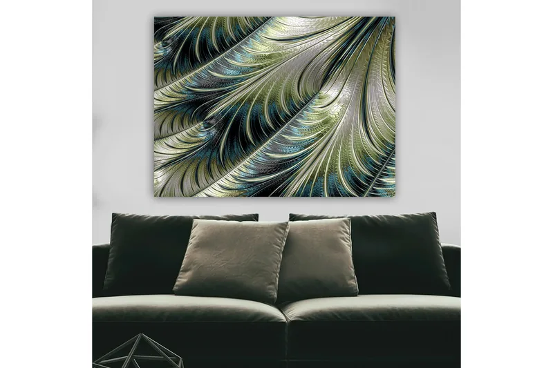 Lerretsbilde 70x100 cm - Abstrakt mønster med svevende fjær i grønne og blå nyanser - Grønn / Blå / Sølv - Interiør - Maleri & posters - Lerretsbilder