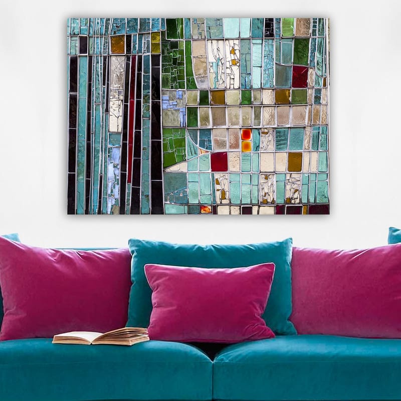 Lerretsbilde 70x100 cm - Abstrakt mosaikk med geometriske former i forskjellige nyanser av grønt og blått - Turkis / Grønn / Rød - Interiør - Maleri & posters - Lerretsbilder