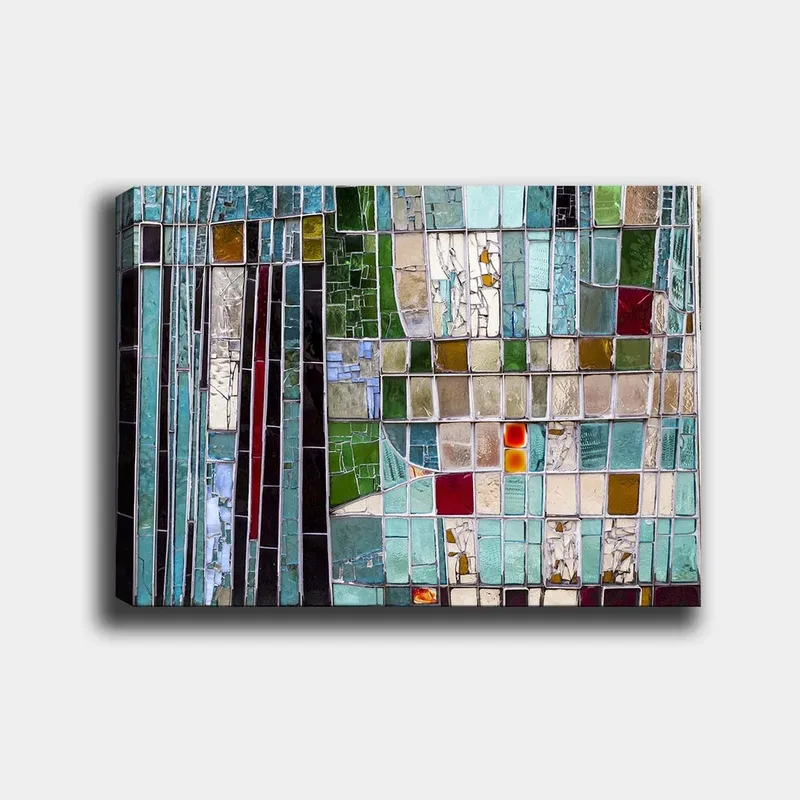 Lerretsbilde 70x100 cm - Abstrakt mosaikk med geometriske former i forskjellige nyanser av grønt og blått, Turkis / Grønn / Rød