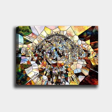 Lerretsbilde 70x100 cm - Abstrakt mosaikkdesign med sirkulære og geometriske former som skaper en følelse av dybde og bevegelse - Gull / Brun / Blå - Interiør - Maleri & posters - Lerretsbilder