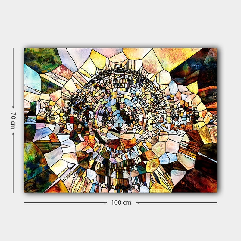 Lerretsbilde 70x100 cm - Abstrakt mosaikkdesign med sirkulære og geometriske former som skaper en følelse av dybde og bevegelse - Gull / Brun / Blå - Interiør - Maleri & posters - Lerretsbilder