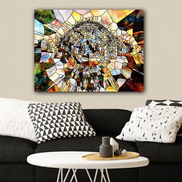 Lerretsbilde 70x100 cm - Abstrakt mosaikkdesign med sirkulære og geometriske former som skaper en følelse av dybde og bevegelse - Gull / Brun / Blå - Interiør - Maleri & posters - Lerretsbilder