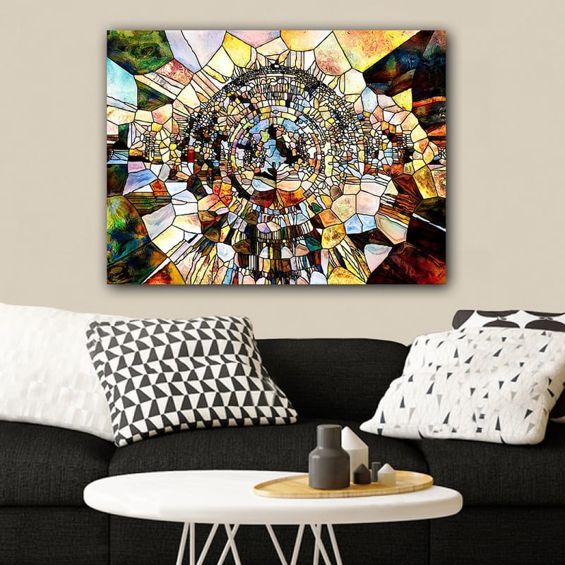 Lerretsbilde 70x100 cm - Abstrakt mosaikkdesign med sirkulære og geometriske former som skaper en følelse av dybde og bevegelse - Gull / Brun / Blå - Interiør - Maleri & posters - Lerretsbilder