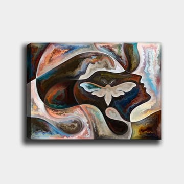 Lerretsbilde 70x100 cm - Abstrakt skildring av en ansiktsprofil med en sommerfugl som sentralt motiv - Mørk brun / Beige / Turkis - Interiør - Maleri & posters - Lerretsbilder