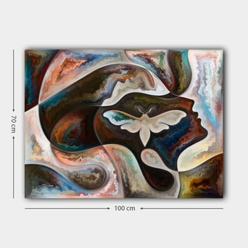 Lerretsbilde 70x100 cm - Abstrakt skildring av en ansiktsprofil med en sommerfugl som sentralt motiv - Mørk brun / Beige / Turkis - Interiør - Maleri & posters - Lerretsbilder