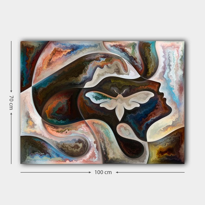 Lerretsbilde 70x100 cm - Abstrakt skildring av en ansiktsprofil med en sommerfugl som sentralt motiv - Mørk brun / Beige / Turkis - Interiør - Maleri & posters - Lerretsbilder