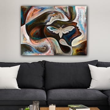 Lerretsbilde 70x100 cm - Abstrakt skildring av en ansiktsprofil med en sommerfugl som sentralt motiv - Mørk brun / Beige / Turkis - Interiør - Maleri & posters - Lerretsbilder