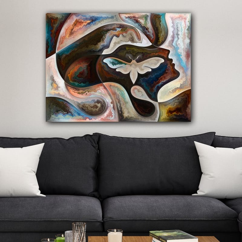 Lerretsbilde 70x100 cm - Abstrakt skildring av en ansiktsprofil med en sommerfugl som sentralt motiv - Mørk brun / Beige / Turkis - Interiør - Maleri & posters - Lerretsbilder