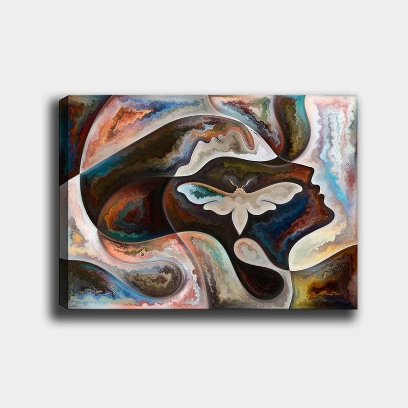 Lerretsbilde 70x100 cm - Abstrakt skildring av en ansiktsprofil med en sommerfugl som sentralt motiv, Mørk brun / Beige / Turkis