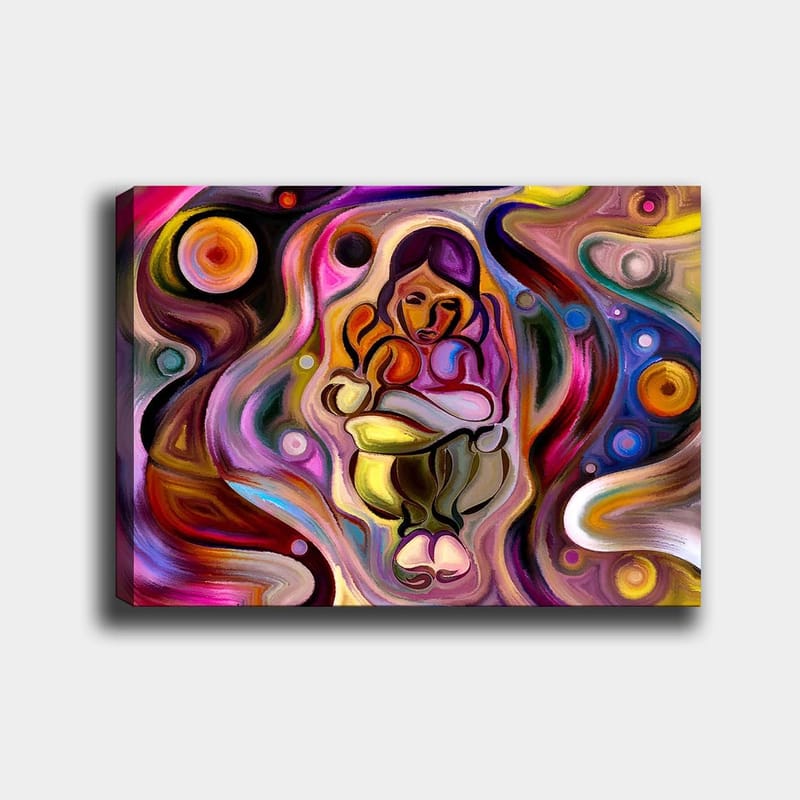 Lerretsbilde 70x100 cm - Abstrakt skildring av en kvinne som holder et barn i armene, omgitt av fargerike husker og former - Rosa / Gul / Grønn - Interiør - Maleri & posters - Lerretsbilder