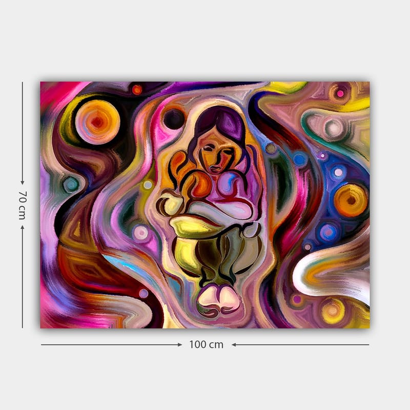 Lerretsbilde 70x100 cm - Abstrakt skildring av en kvinne som holder et barn i armene, omgitt av fargerike husker og former - Rosa / Gul / Grønn - Interiør - Maleri & posters - Lerretsbilder