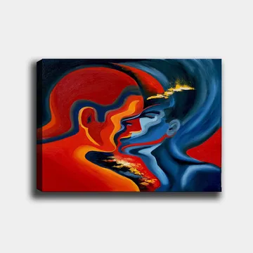 Lerretsbilde 70x100 cm - Abstrakt skildring av to ansikter som nærmer seg hverandre i en intens og emosjonell omfavnelse - Rød / Blå / Svart - Interiør - Maleri & posters - Lerretsbilder