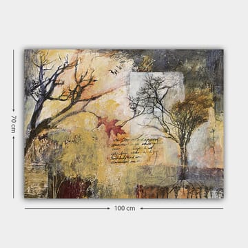 Lerretsbilde 70x100 cm - Abstrakt skildring av trær i et høstlandskap med tekstelementer og fargerike blader - Gull / Brun / Svart - Interiør - Maleri & posters - Lerretsbilder