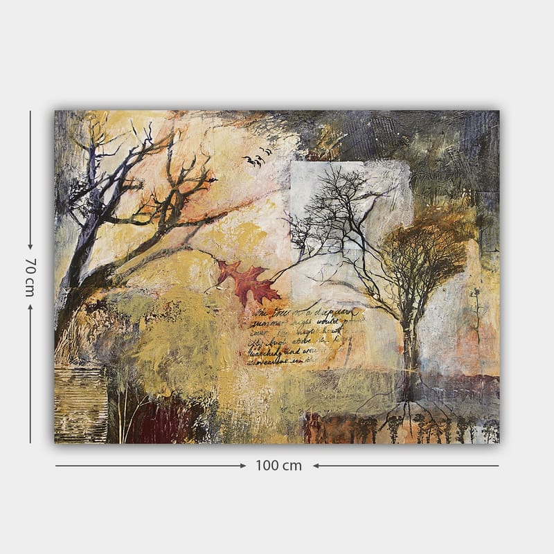 Lerretsbilde 70x100 cm - Abstrakt skildring av trær i et høstlandskap med tekstelementer og fargerike blader - Gull / Brun / Svart - Interiør - Maleri & posters - Lerretsbilder