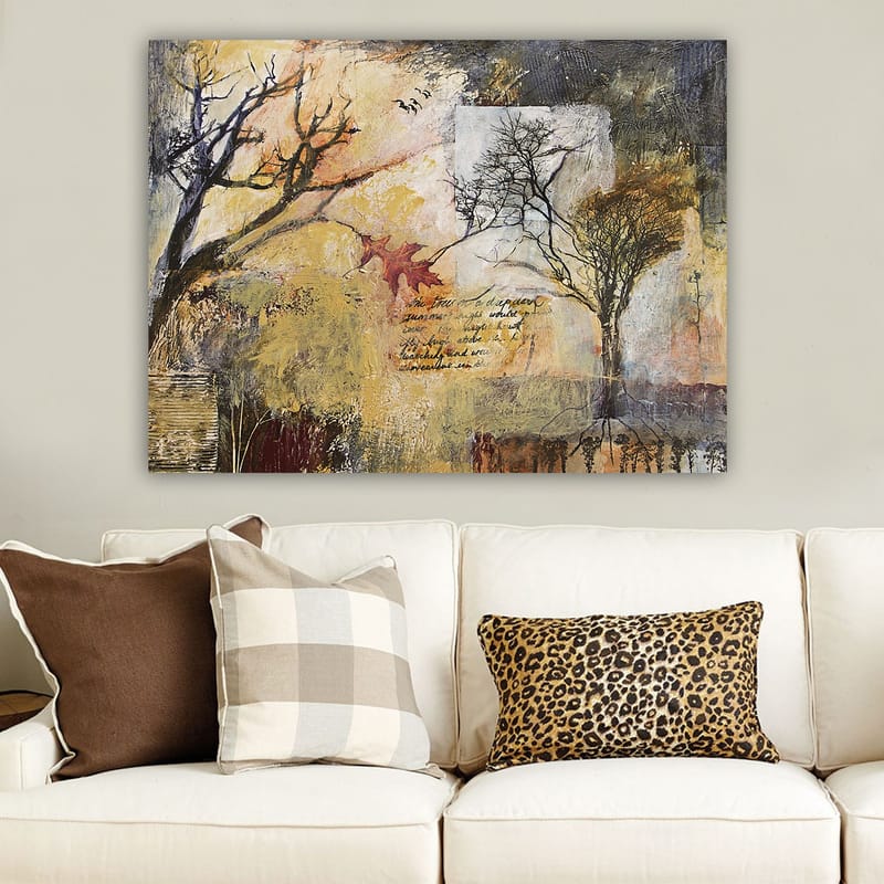 Lerretsbilde 70x100 cm - Abstrakt skildring av trær i et høstlandskap med tekstelementer og fargerike blader - Gull / Brun / Svart - Interiør - Maleri & posters - Lerretsbilder