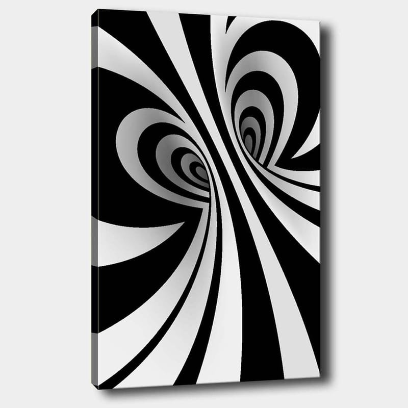 Lerretsbilde 70x100 cm - Abstrakt svart-hvitt mønster med buede linjer som skaper en illusjon av dybde, Svart / Hvit / Grå