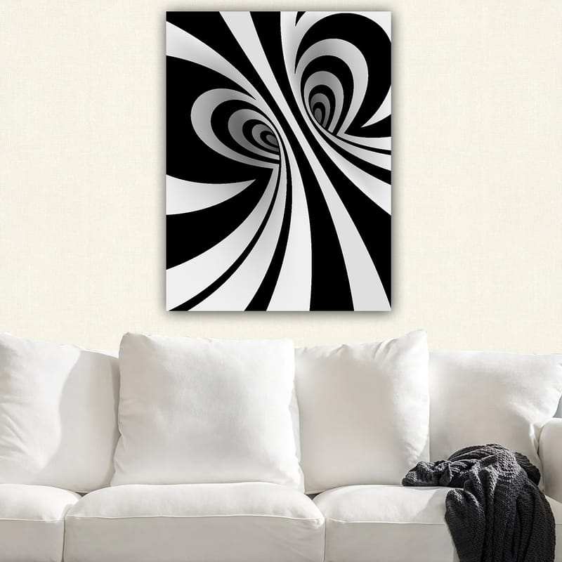 Lerretsbilde 70x100 cm - Abstrakt svart-hvitt mønster med buede linjer som skaper en illusjon av dybde - Svart / Hvit / Grå - Interiør - Maleri & posters - Lerretsbilder