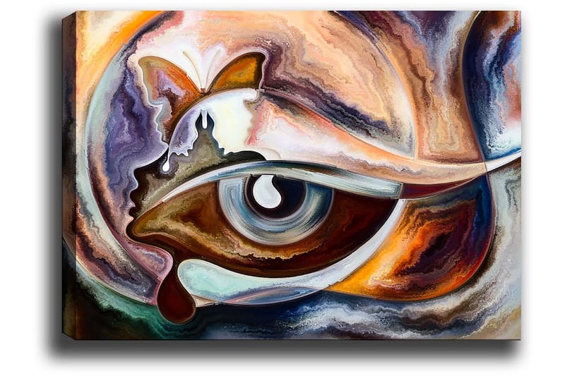 Lerretsbilde 70x100 cm - Abstrakt tolkning av et øye med elementer av en sommerfugl og en ansiktsprofil - Blå / Brun / Oransje - Interiør - Maleri & posters - Lerretsbilder