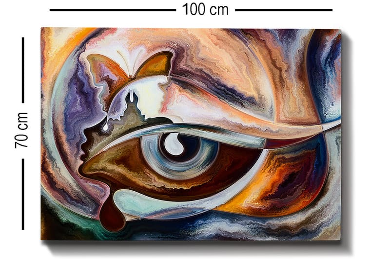 Lerretsbilde 70x100 cm - Abstrakt tolkning av et øye med elementer av en sommerfugl og en ansiktsprofil - Blå / Brun / Oransje - Interiør - Maleri & posters - Lerretsbilder