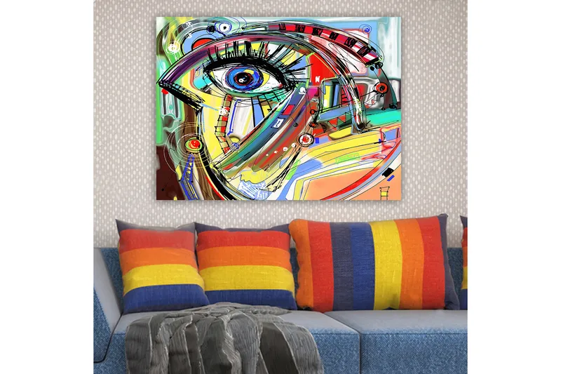 Lerretsbilde 70x100 cm - Abstrakt tolkning av et ansikt med fokus på øyet, Blå / Gul / Rød