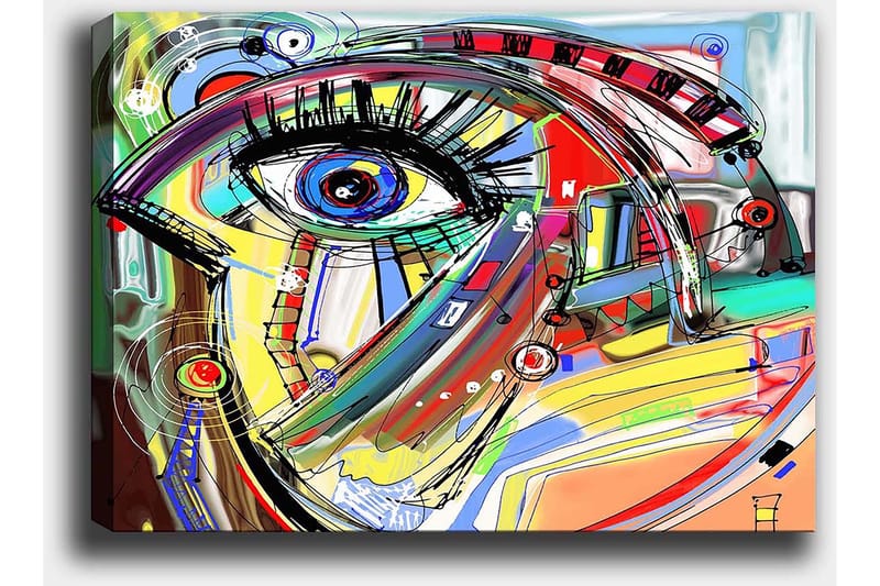 Lerretsbilde 70x100 cm - Abstrakt tolkning av et ansikt med fokus på øyet - Blå / Gul / Rød - Interiør - Maleri & posters - Lerretsbilder