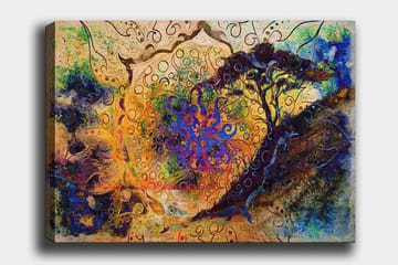 Lerretsbilde 70x100 cm - Abstrakt tre med spiraler og fargerike mønstre i en drømmeaktig komposisjon - Blå / Oransje / Lilla - Interiør - Maleri & posters - Lerretsbilder