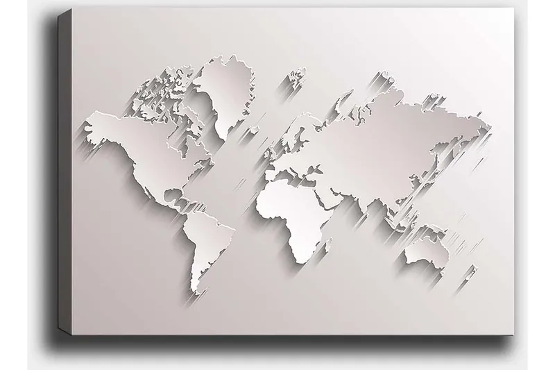 Lerretsbilde 70x100 cm - Abstrakt verdenskart i skulpturell stil - Hvit / Lys grå - Interiør - Maleri & posters - Lerretsbilder