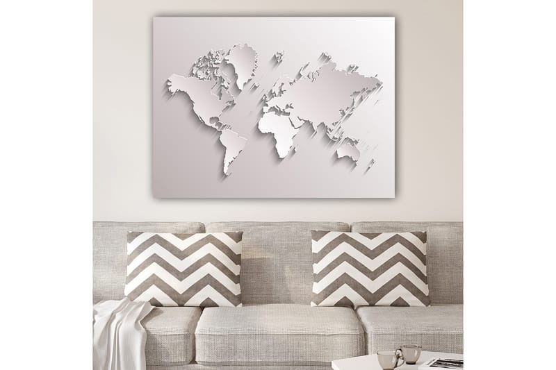 Lerretsbilde 70x100 cm - Abstrakt verdenskart i skulpturell stil, Hvit / Lys grå