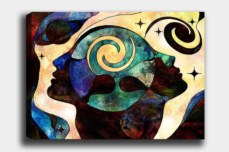 Lerretsbilde 70x100 cm - Abstrakt portrett av ansikter med spiralmotiver som symboliserer tanker og følelser, Mørk blå / Grønn / Brun