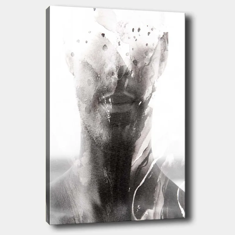 Lerretsbilde 70x100 cm - Abstrakt portrett av en mann med uskarpe og flytende linjer som skaper en drømmeaktig følelse, Svart / Grå / Hvit