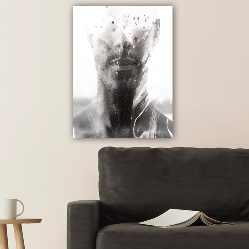 Lerretsbilde 70x100 cm - Abstrakt portrett av en mann med uskarpe og flytende linjer som skaper en drømmeaktig følelse - Svart / Grå / Hvit - Interiør - Maleri & posters - Lerretsbilder