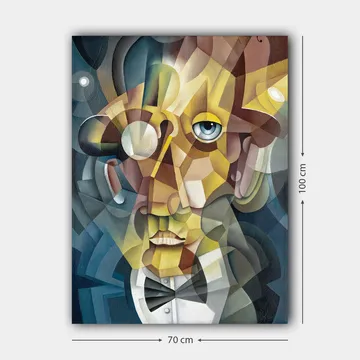 Lerretsbilde 70x100 cm - Abstrakt portrett av en mann i elegant dress og et uttrykksfullt utseende - Gull / Blå / Beige - Interiør - Maleri & posters - Lerretsbilder