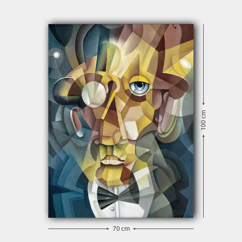 Lerretsbilde 70x100 cm - Abstrakt portrett av en mann i elegant dress og et uttrykksfullt utseende - Gull / Blå / Beige - Interiør - Maleri & posters - Lerretsbilder