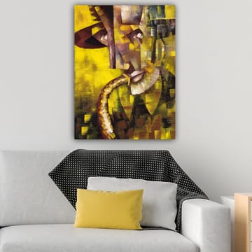 Lerretsbilde 70x100 cm - Abstrakt portrett av en musiker som spiller saksofon, med fokus på ansiktets og instrumentets former - Gul / Brun / Svart - Interiør - Maleri & posters - Lerretsbilder