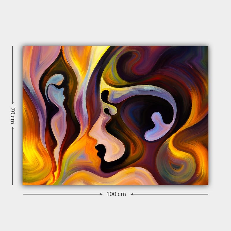 Lerretsbilde 70x100 cm - Abstrakt portrett med sammenslåtte ansiktsformer og farger som uttrykker følelser - Mørk lilla / Oransje / Lys blå - Interiør - Maleri & posters - Lerretsbilder