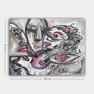 Lerretsbilde 70x100 cm - Abstrakt portrett av ansikter med følelsesmessige uttrykk - Grå / Rosa / Svart - Interiør - Maleri & posters - Lerretsbilder