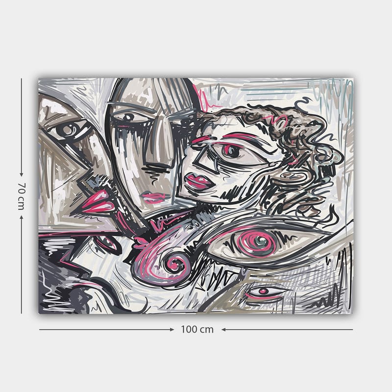 Lerretsbilde 70x100 cm - Abstrakt portrett av ansikter med følelsesmessige uttrykk - Grå / Rosa / Svart - Interiør - Maleri & posters - Lerretsbilder