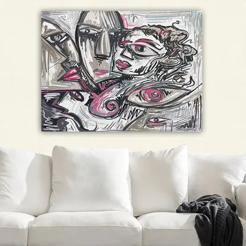 Lerretsbilde 70x100 cm - Abstrakt portrett av ansikter med følelsesmessige uttrykk - Grå / Rosa / Svart - Interiør - Maleri & posters - Lerretsbilder