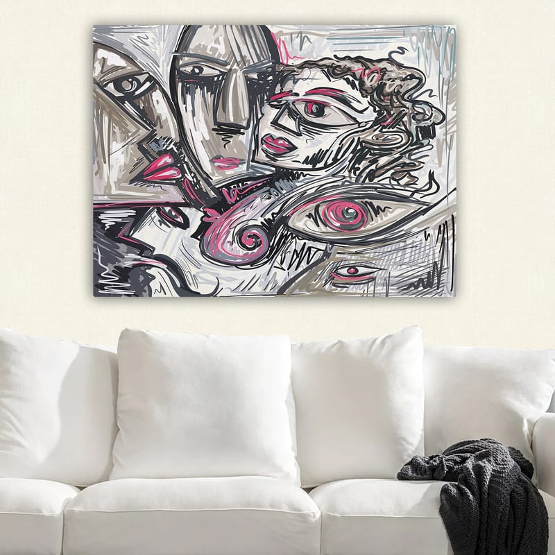 Lerretsbilde 70x100 cm - Abstrakt portrett av ansikter med følelsesmessige uttrykk - Grå / Rosa / Svart - Interiør - Maleri & posters - Lerretsbilder